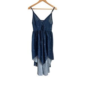 Navy Blue Star Print Sleeveless Dress with Asymmetrical Handkerchief Hem